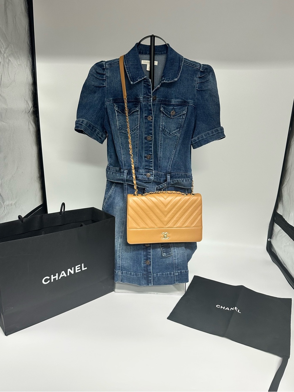 CHANEL Caramel Chevron Quilted Shoulder Bag with Gold Chain